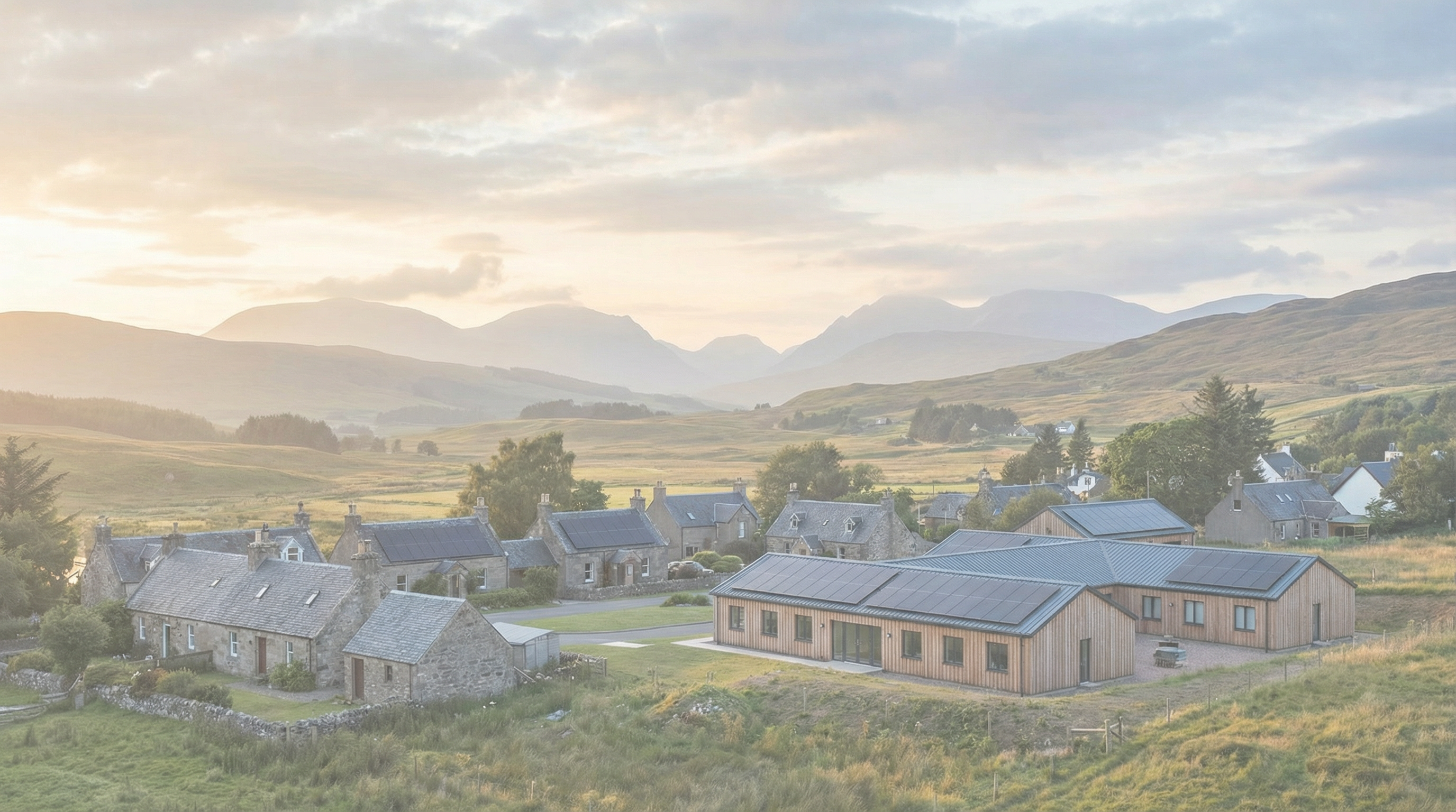 Highland village with solar panels